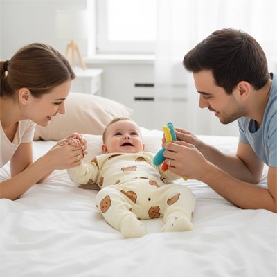 Bebe en Pyjama bebe souriant avec Papa et Maman
