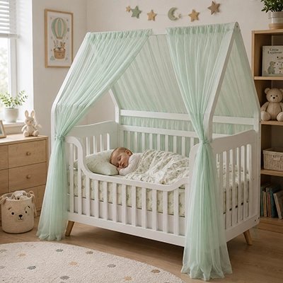 Ciel de lit bébé vert bébé dormant tranquillement