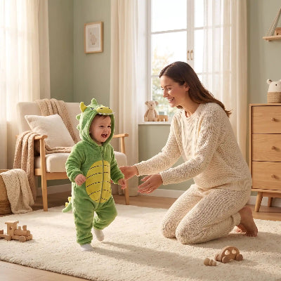 Bebe content de mettre pyjama bebe animal vert fluo
