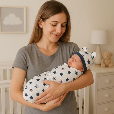 Bebe couverture emmaillotage endormi bras maman  souriant