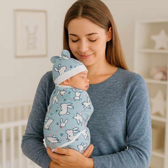 Bebe couverture emmaillotage lapin endormi ventre epaule maman