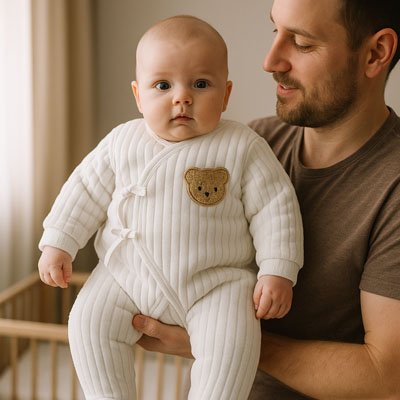  Bebe en pyjama bebe tout Doux assis aux bras papa debout
