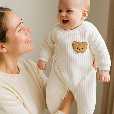 Bebe en pyjama bebe tout Doux souriant a maman
