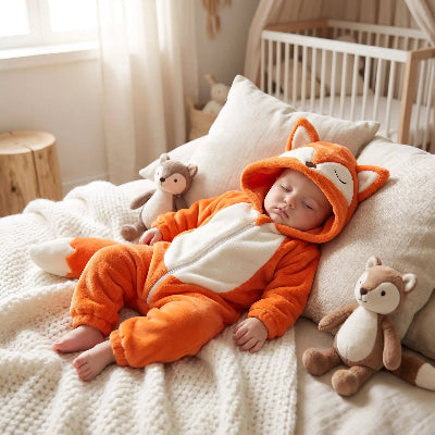 Bébé portant pyjama bébé animal orange dort séreinement