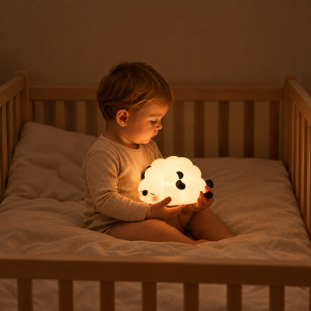 Bébé tenant la veilleuse dans son lit