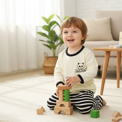 Bebe en Pyjama bebe assis et souriant en jouant au bloc