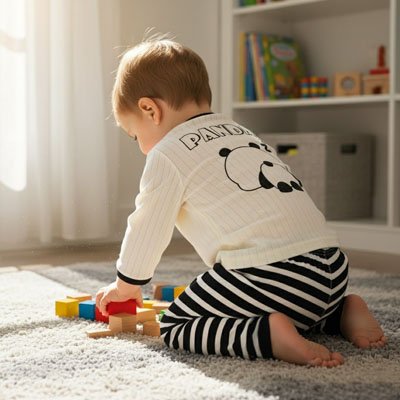Bebe en Pyjama bebe assis jouant au bloc