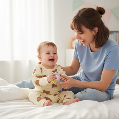 Bebe en Pyjama bebe assis st souriant avec Maman
