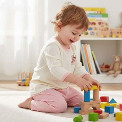 Bébé en Pyjama bebe rose contente et joue aux blocs 