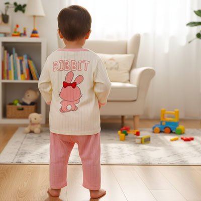 Bébé en Pyjama bebe rose debout et le dos tourné