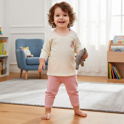 Bébé en Pyjama bebe rose souriante et confiante 
