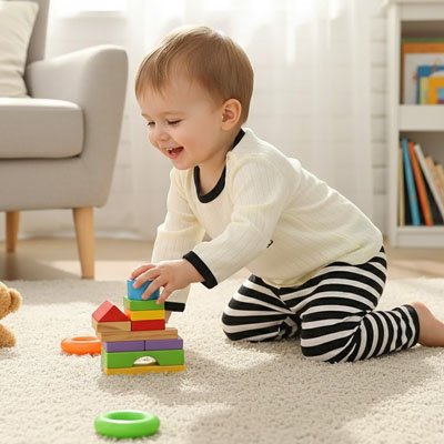 Bebe en Pyjama bebe souriant en jouant au bloc