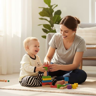 Bebe en Pyjama bebe souriant et jouant avec Maman