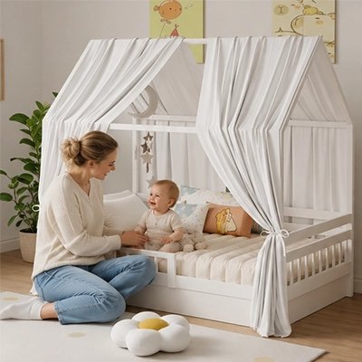 Ciel de lit bebe blanc maman assis aux genoux souris à son bébé