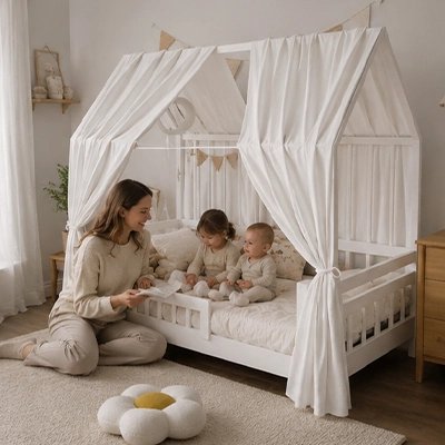 Ciel de lit bebe blanc maman assis sur ses fesses souris à ses bébés
