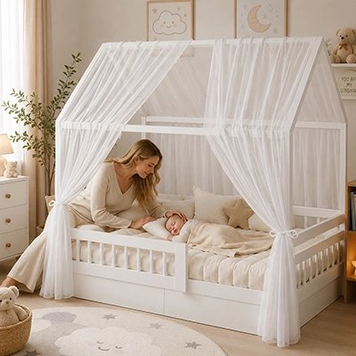 Ciel de lit bébé blanc maman souriant bébé dormant sereinement