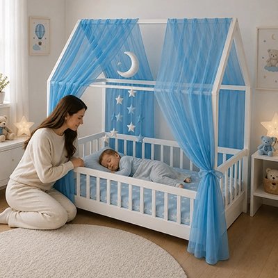Ciel de lit bébé bleue maman observant bébé dormant paisiblement