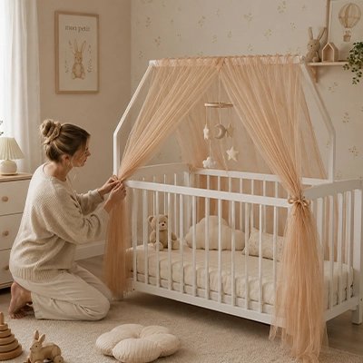 Ciel de lit bébé caramel attaché par maman