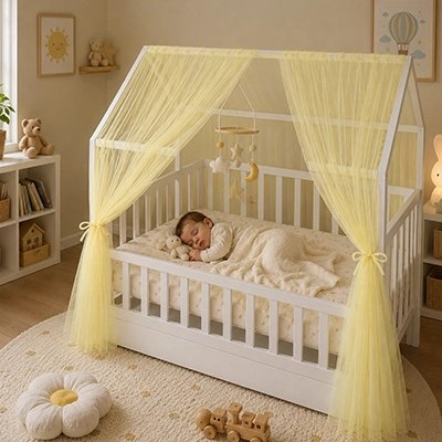 Ciel de lit bébé jaune attaché bebe dort paisiblement