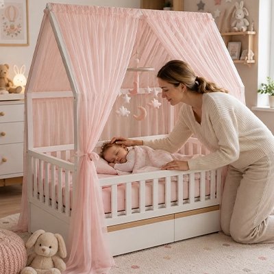 Ciel de lit bébé rose maman caressat les cheveux bébé 