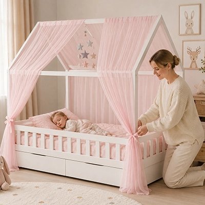 Ciel de lit bébé rose maman le relie et bébé dormant