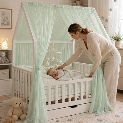 Ciel de lit bébé vert maman observant bébé dormant paisiblement