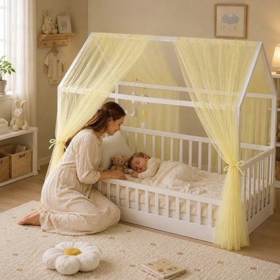 Ciel de lit enfant jaune maman observant bébé endormi confortablement