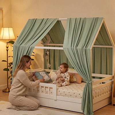 Ciel de lit vert bébé assis et maman  assis surs ses genoux