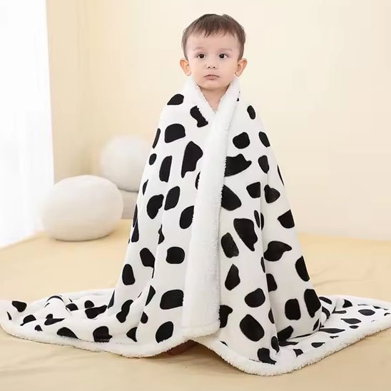 Couverture bébé en vache enroulé sur un bébé débout