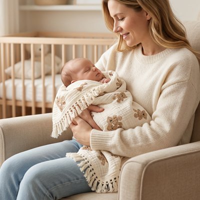 Couverture bébé enroulé sur un bébé endormi dans les mains de maman  