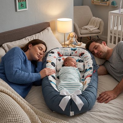 Reducteur de lit bebe bébé entre maman et papa endormis sur le lit