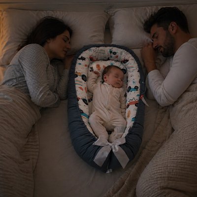 Reducteur de lit bebe bébé  maman et papa endormis dans le noir.