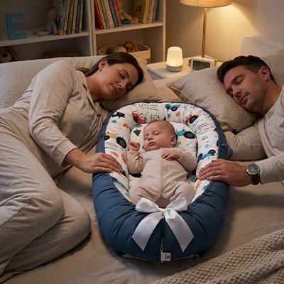 Reducteur de lit bebe sur le lit bébé maman et papa endormis lampe allumé