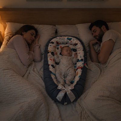 Reducteur de lit bebe sur le lit papa maman et bébé endormis