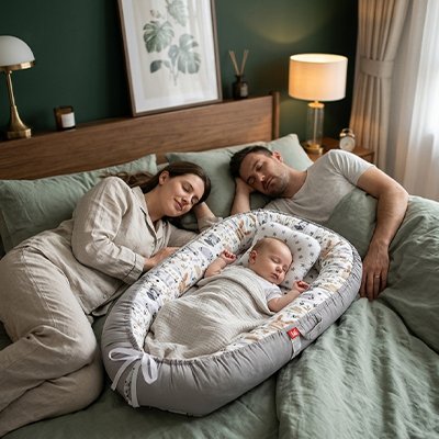 Reducteur de lit pour bebe bébé endormie entouré maman papa endormis