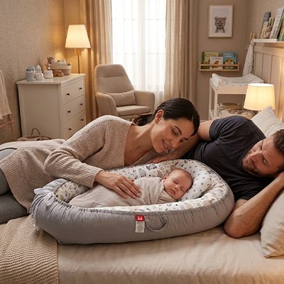 Reducteur de lit pour bebe dans bébé endort paisiblement maman papa souriants