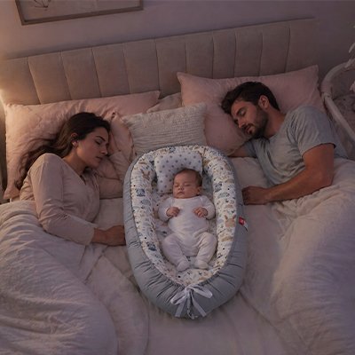 Reducteur de lit pour bebe dans le lit de maman papa et bébé endormis
