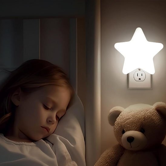 Veilleuse bébé étoile blanche murale avec fille endormie doudou à coté