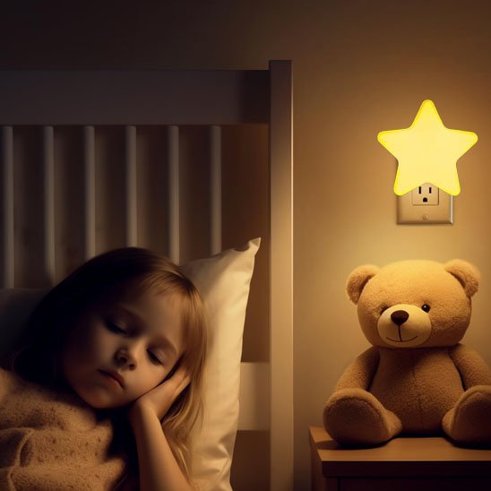 Veilleuse bébé étoile jaune murale avec fille endormie doudou à côté